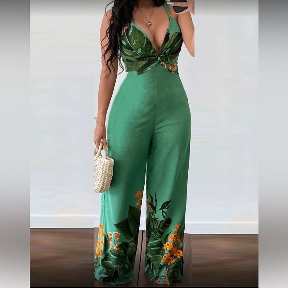 Tropical Green Twist-Front Wide-Leg Jumpsuit - Picture 5 of 8